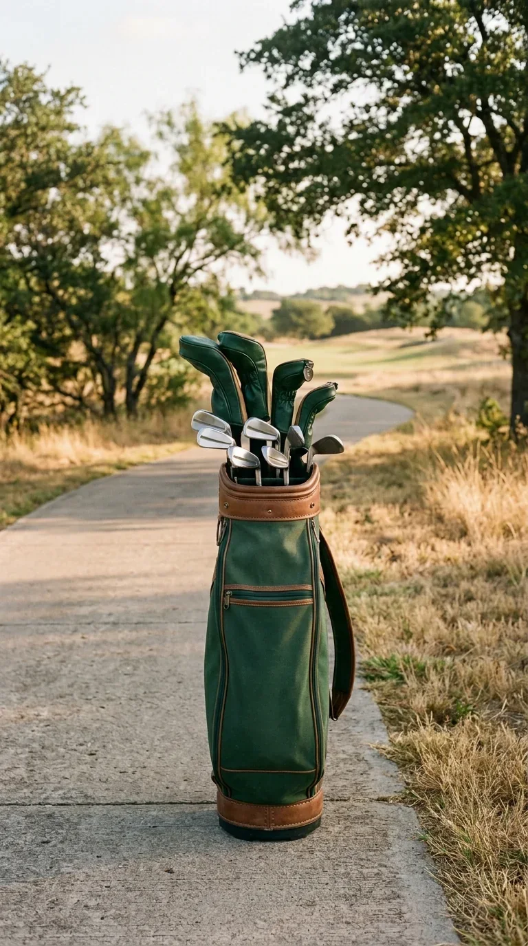Golf clubs in a bag beside a North Texas course path