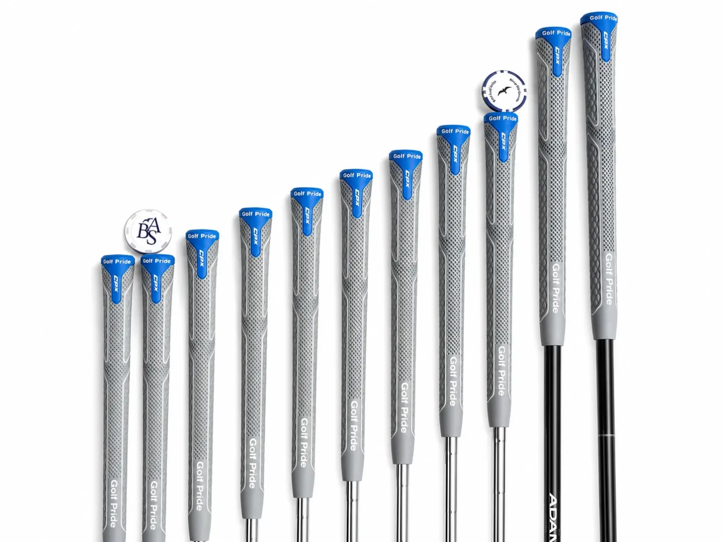Full set of matching Golf Pride grips arranged by height