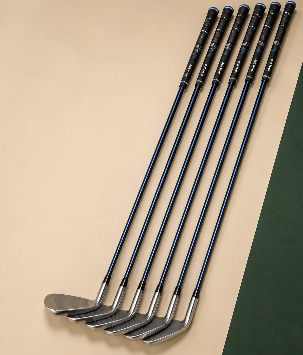 Finished iron set with matching blue shafts and Golf Pride grips
